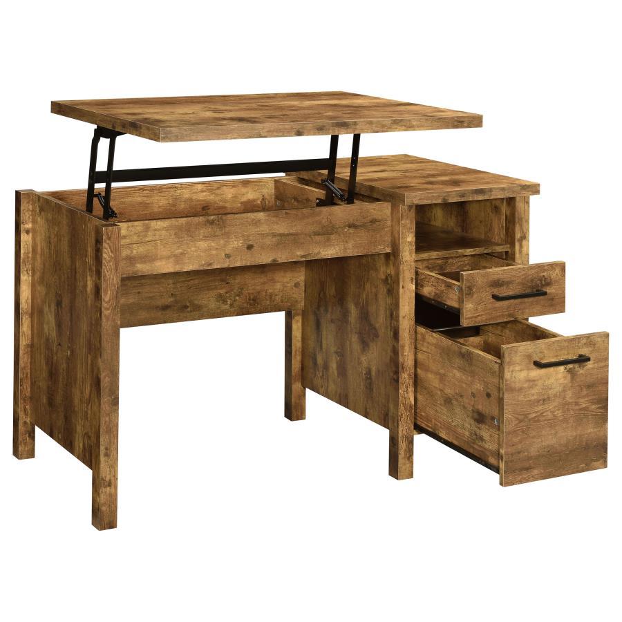 Delwin 2-Drawer Lift Top Computer Desk – Rustic Nutmeg Finish with Storage Drawers, Lift-Top Design, and Block Legs for Home Office