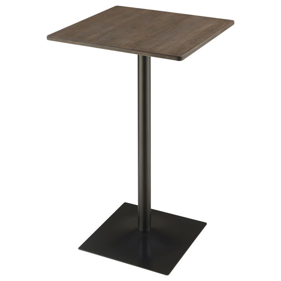 Cavalier Square Pub Height Bistro Bar Table – Dark Elm Bamboo Top, Industrial Black Metal Base, Modern Pedestal Design, Seating for Up to Four