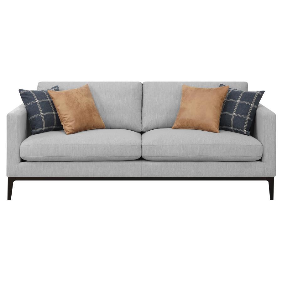 Apperson Light Gray Upholstered Track Arm Sofa with Plush Cushions, Accent Pillows, Transitional Modern Living Room Seating, Stylish Durable Couch