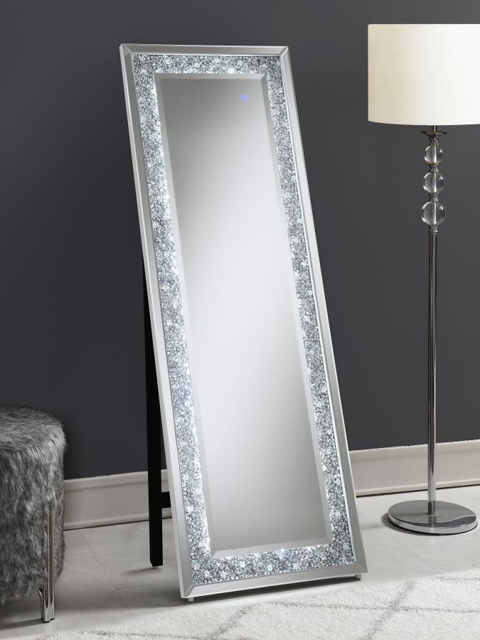 Carisi Crystal Acrylic Standing Mirror – Silver Frame with LED Lighting, 21.75"W x 25.5"D x 61.25"H, Modern Full-Length Accent for Bedroom or Foyer