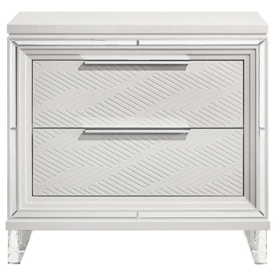 Marmore 2-Drawer Nightstand Bedside Table in White – Modern Italian Design with Mirrored Accents, Polished Chrome Hardware & Cord Management