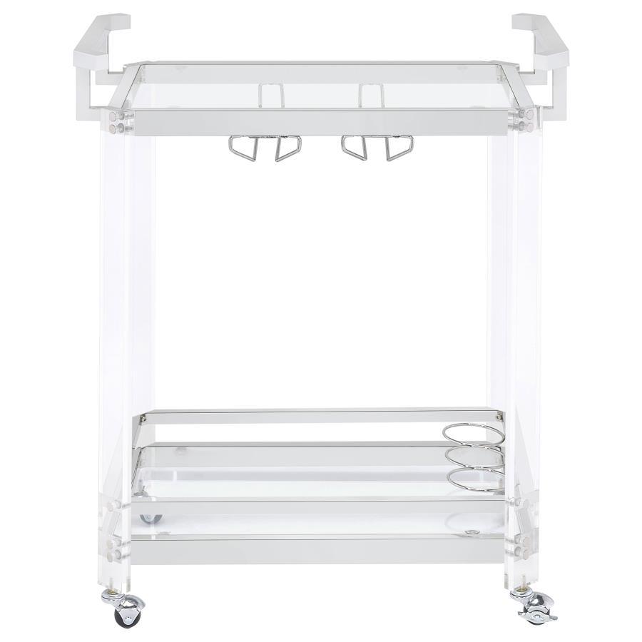Jefferson 2-Tier Glass Shelf Acrylic Bar Cart – Chrome Finish with Wine Bottle Holder, Stemware Rack & Wheels for Modern Entertaining