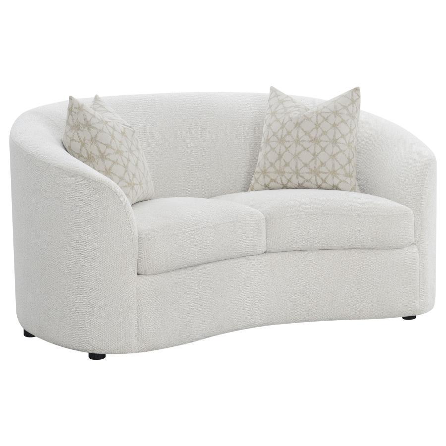 Rainn Boucle Upholstered Sloped Arm Loveseat – Latte, Mid-Century Modern Curved Seating with Plush Cushions and Stylish Black Legs