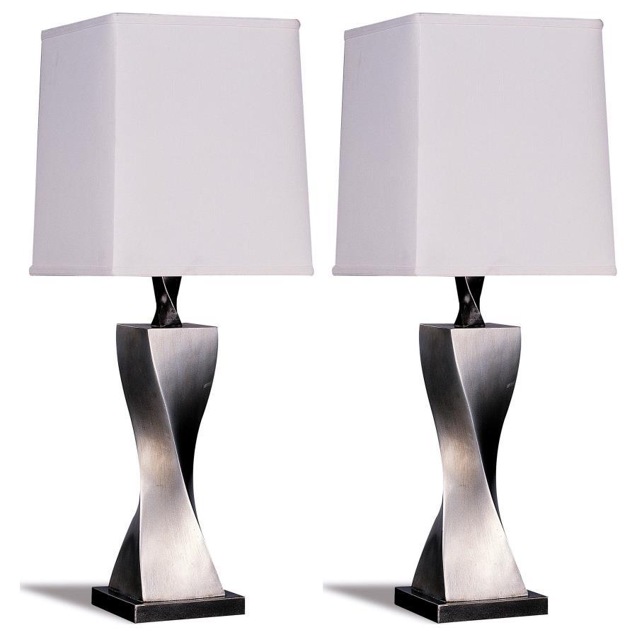 Keene Tapered Shade Table Lamp Set of 2 – Distressed Silver Twisted Metal Base with Square White Shades, Modern Accent Lighting for Home