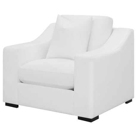 Ashlyn Upholstered Sloped Arm Accent Chair – White Trillium Fabric with Reversible Cushions & Cappuccino Finish Block Legs