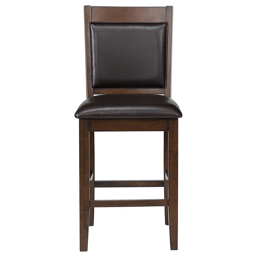 Dewey Upholstered Counter Chair Set of 2, Walnut Finish Rubberwood Frame, Brown Faux Leather Padded Seat and Back, Woven Panel Detail, Modern Design