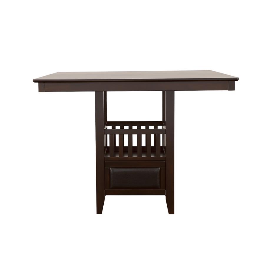 Jaden Square Counter Height Dining Table in Espresso – Sleek Slatted Wood Design with Center Cabinet, Wine Glass Holder & Spacious Dining Surface
