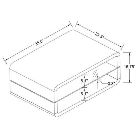 Elana Rectangular Coffee Table with 1 Shelf in White High Gloss Finish, Clear Tempered Glass, Smooth Curved Corners & Modern Living Room Design
