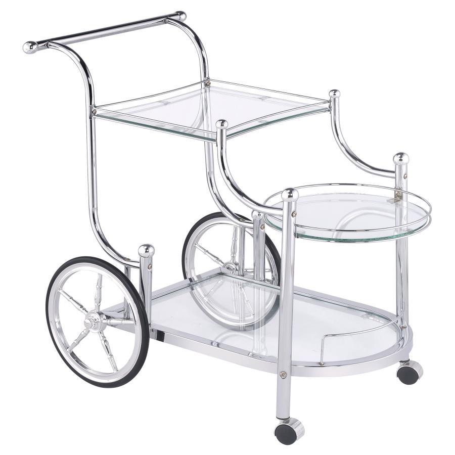 Sarandon 3-Tier Glass Shelf Metal Bar Cart in Chrome – Traditional Style Serving Cart with Tempered Glass Shelves, Rustic Wheels & Elegant Curves