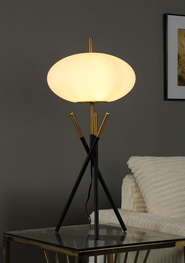 Layton White Orb Shade Tripod Table Lamp in Black – Modern Black and Gold Metal Design with Frosted Globe Shade for Ambient Home Lighting