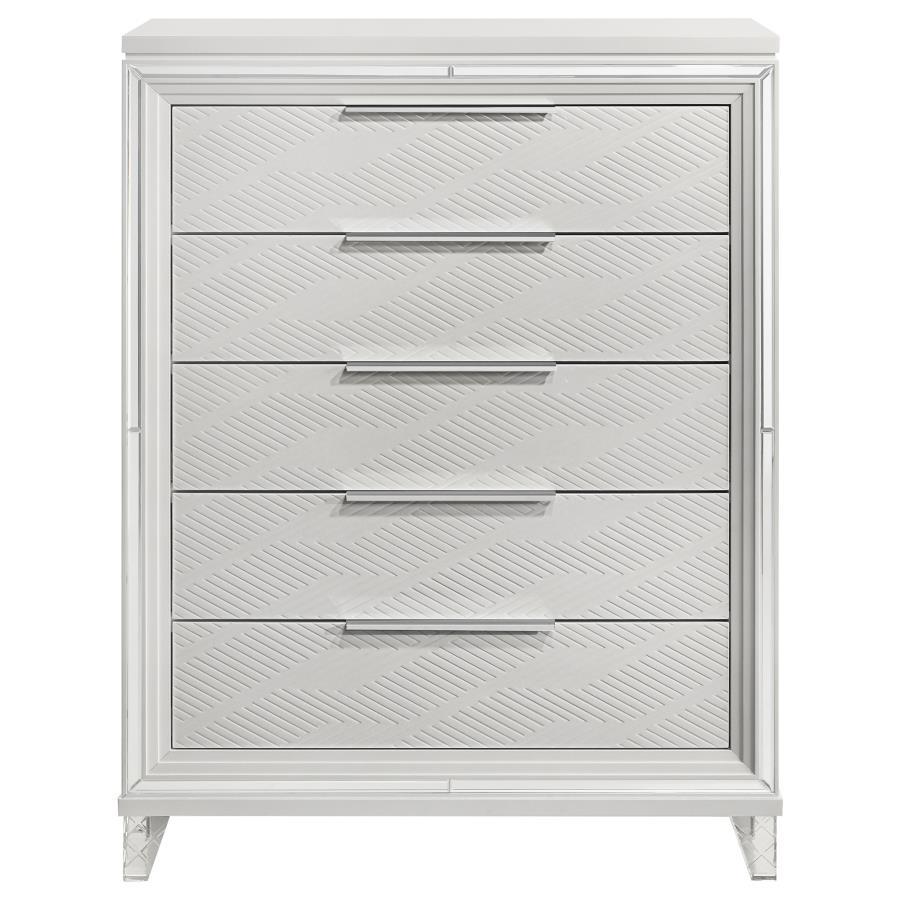Marmore 5-Drawer Bedroom Chest of Drawers in White – Modern Italian Design with Mirrored Accents, Polished Chrome Hardware & Ample Storage