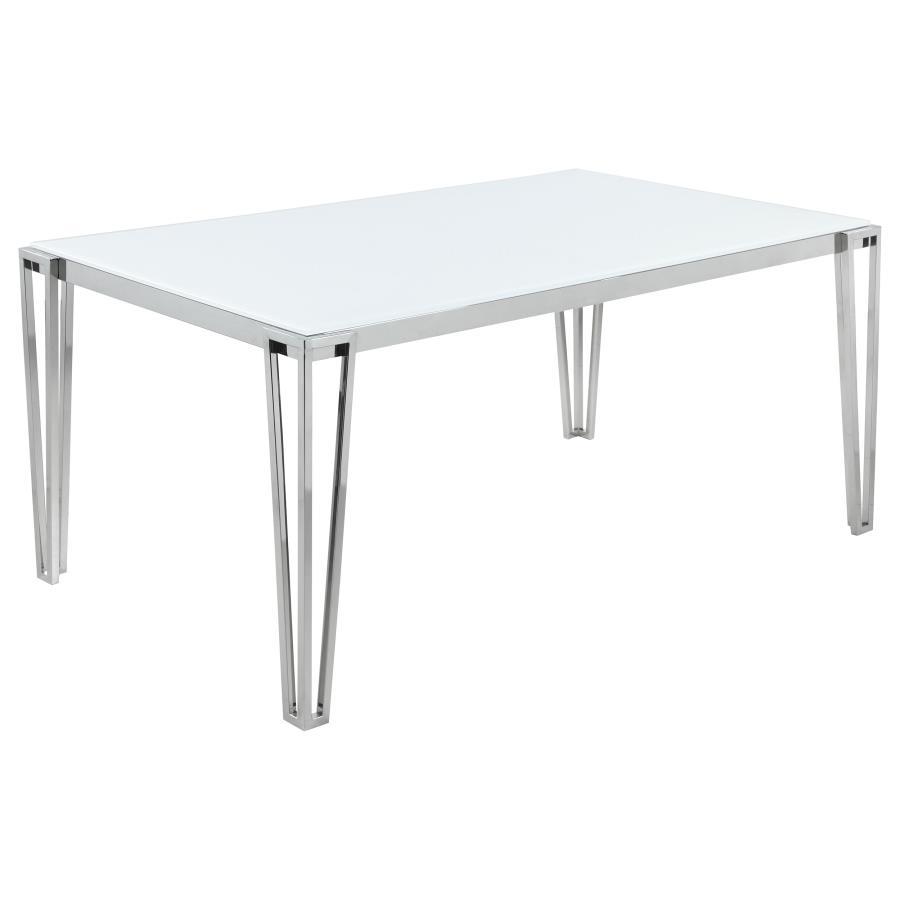 Pauline Rectangular Glass Top Dining Table – Chrome Stainless Steel Frame, Hairpin Legs & White Frosted Tempered Glass for Modern Dining