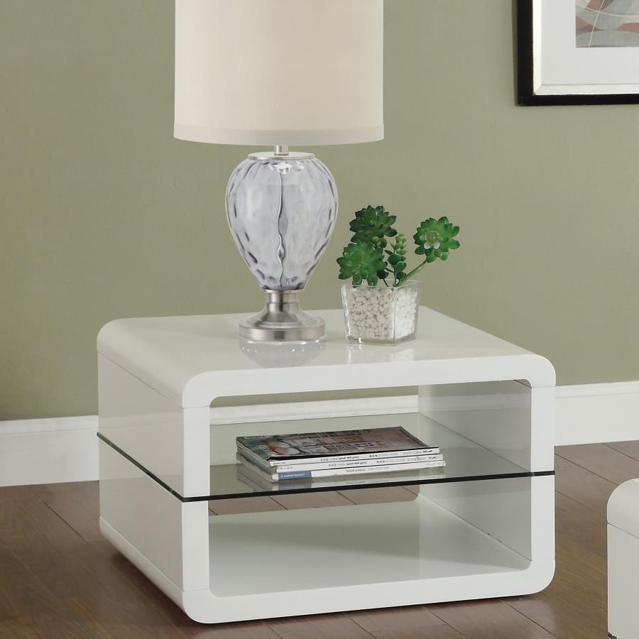 Elana 1-Shelf Rectangular Side End Table – White High Gloss Finish with Tempered Glass Shelf – Modern Cube Design