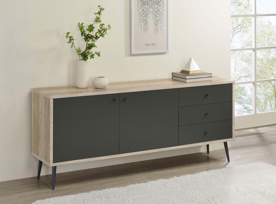 Maeve 2-Door Engineered Wood Cabinet in Antique Pine & Gray – Scandinavian-Inspired Storage with Drawers and Shelves for Stylish Organization