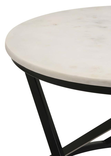 Miguel Round White Marble Top Coffee Table with Black Metal C-Shape Base, Modern Geometric Accent Cocktail Table for Living Room or Lounge