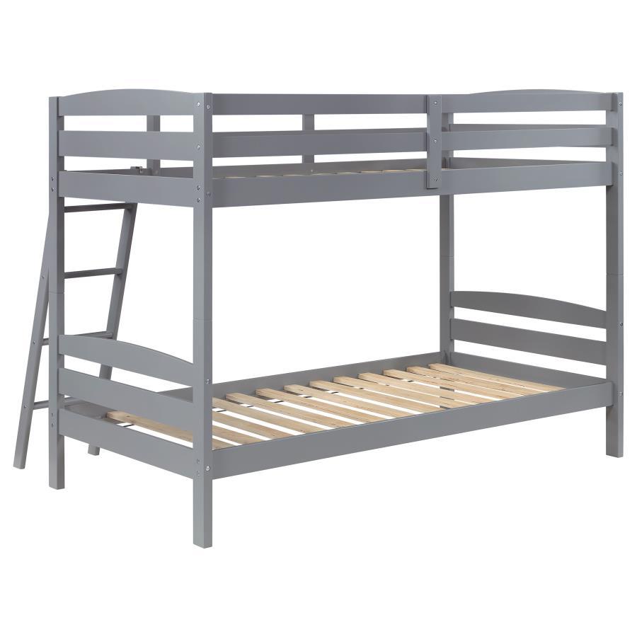 Rhea Wood Twin Over Twin Bunk Bed with Safety Rails, Ladder, Slatted Headboards, Modern Gray Finish, Durable Kids and Guest Room Furniture