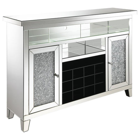 Melinda 2-Door LED Mirrored Wine Storage Bar Cabinet in Silver – Modern Glam Bar Cabinet with 12-Bottle Rack, LED Lighting & Mirrored Design