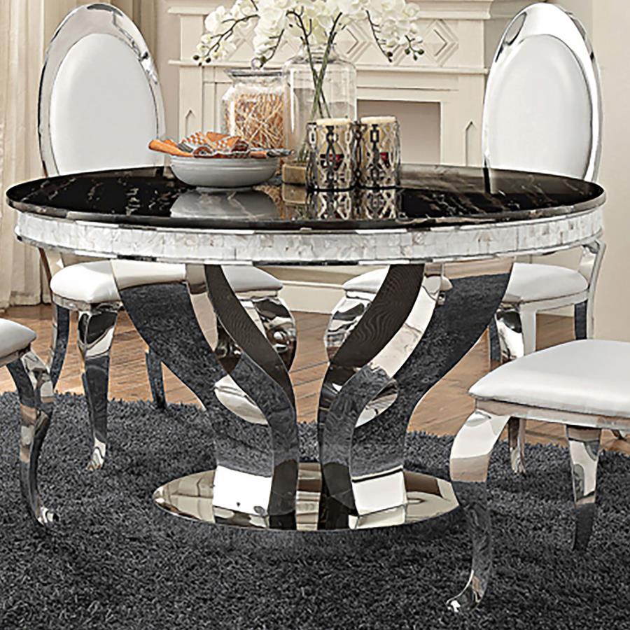 Anchorage 5-Piece Round Glass Top Dining Table Set – Chrome Base with Black Marble Top, Armless Leatherette Chairs, Art Deco Modern Style