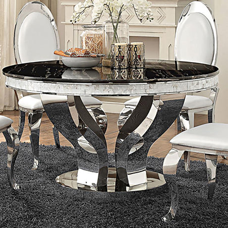 Anchorage 5-Piece Round Glass Top Dining Table Set – Chrome Base with Black Marble Top, Armless Leatherette Chairs, Art Deco Modern Style