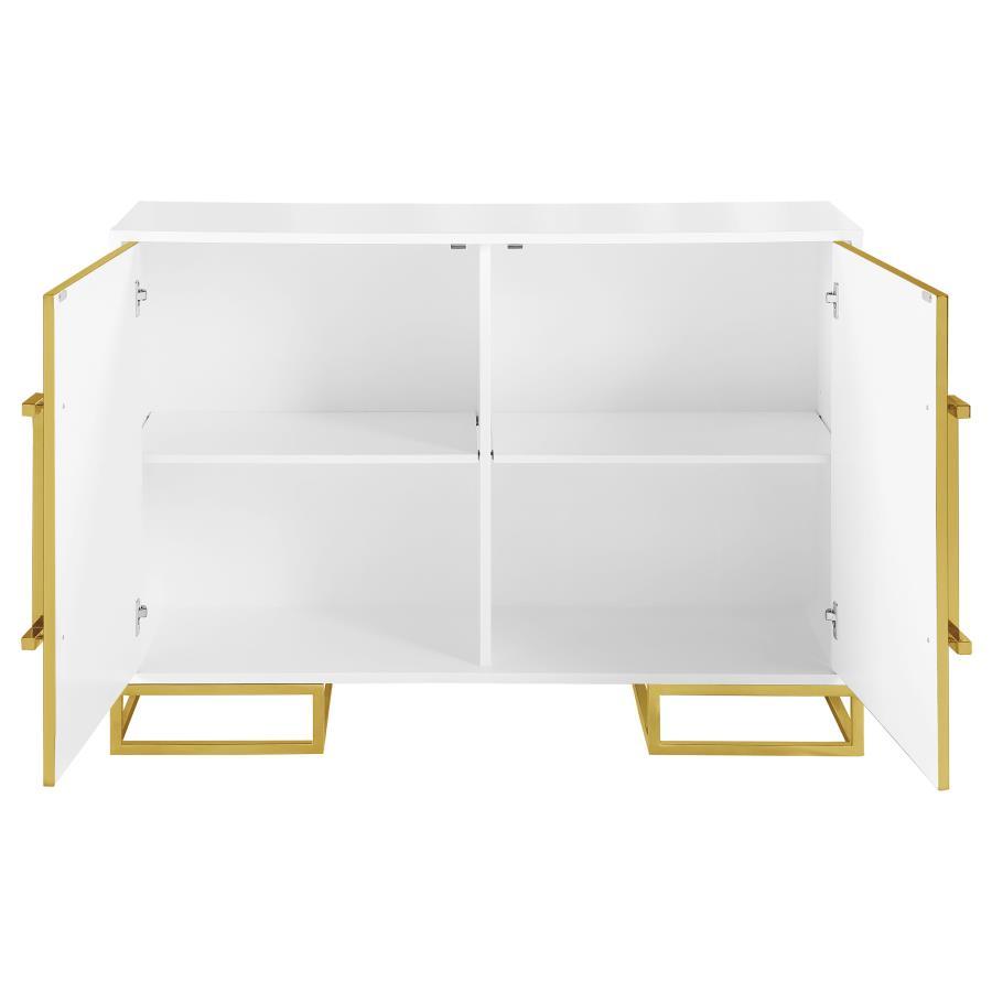 Elsa - 2 Door Wood Storage Accent Cabinet - White and Gold with Glossy Finish, Stainless Steel Trim, Art Deco Geometric Base & Adjustable Shelves