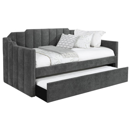 Kingston Upholstered Twin Daybed With Trundle – Charcoal Velvet Fabric, Art Deco Channel Tufted Design, Chrome Nailhead Trim, Stylish Guest Bed