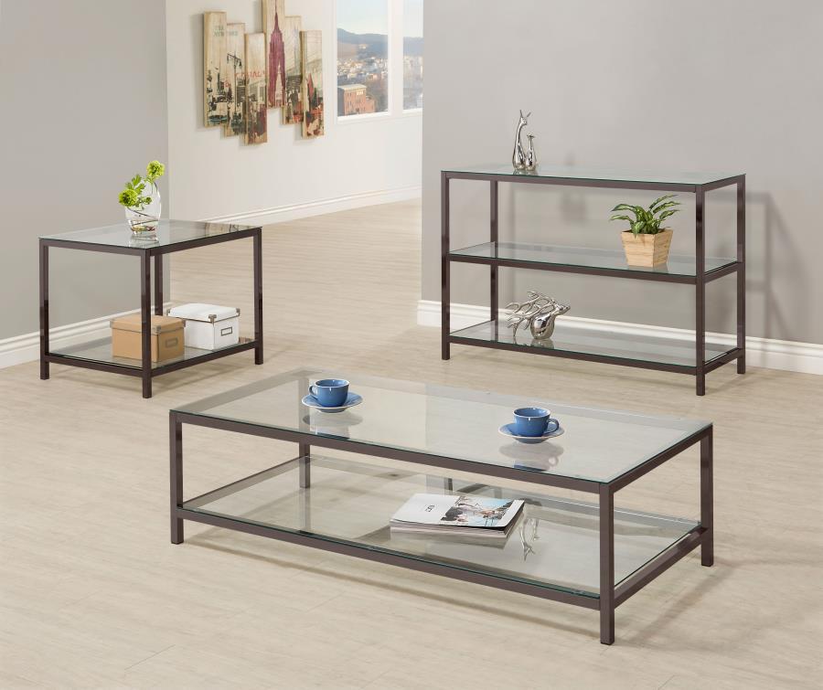 Trini 2-Shelf Glass Top Entryway Console Table - Black Nickel Frame, Tempered Glass Surfaces, Spacious Storage for Modern Spaces