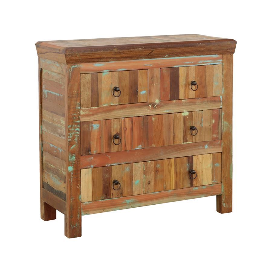 Harper 4-Drawer Solid Reclaimed Wood Accent Cabinet – Rustic Brown Finish, Durable Acacia and Teak Construction, Storage Cabinet for Living Room & Bedroom