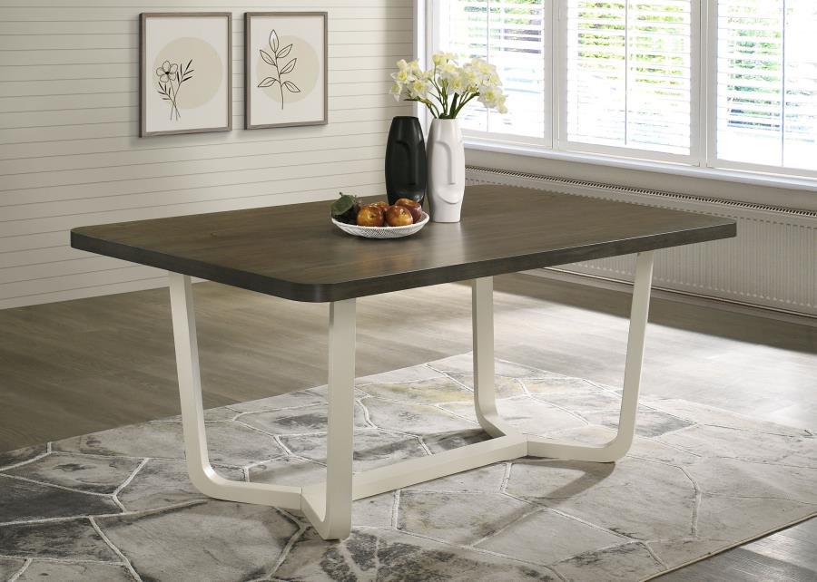 Biloxi Rectangular Wood Dining Table in Grayish Brown, Two-Tone Modern Design with Angular White Base, Sleek Rounded Corners, Contemporary Dining Room Table