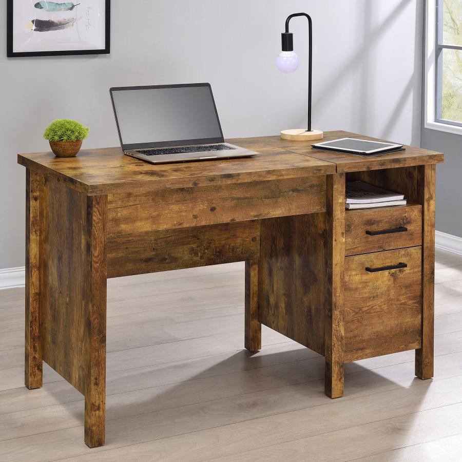Delwin 2-Drawer Lift Top Computer Desk – Rustic Nutmeg Finish with Storage Drawers, Lift-Top Design, and Block Legs for Home Office