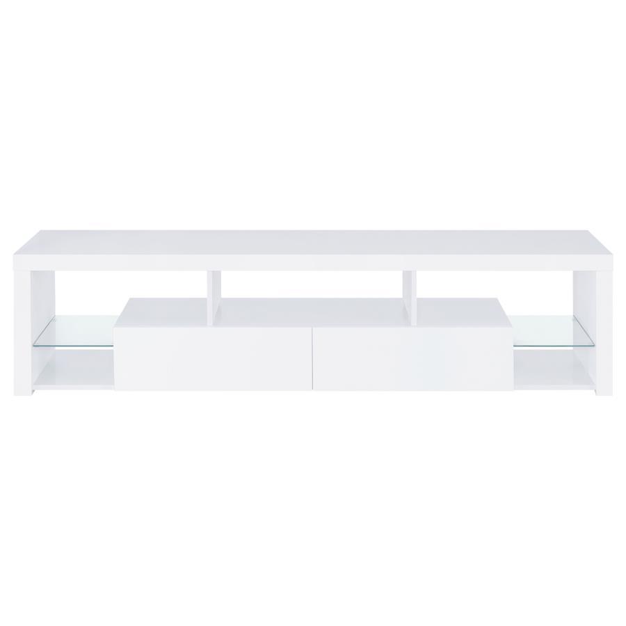 Jude 2-Drawer TV Stand in High Gloss White – Modern Engineered Wood Media Console with Glass Shelves, Soft-Close Drawers & Ample Storage