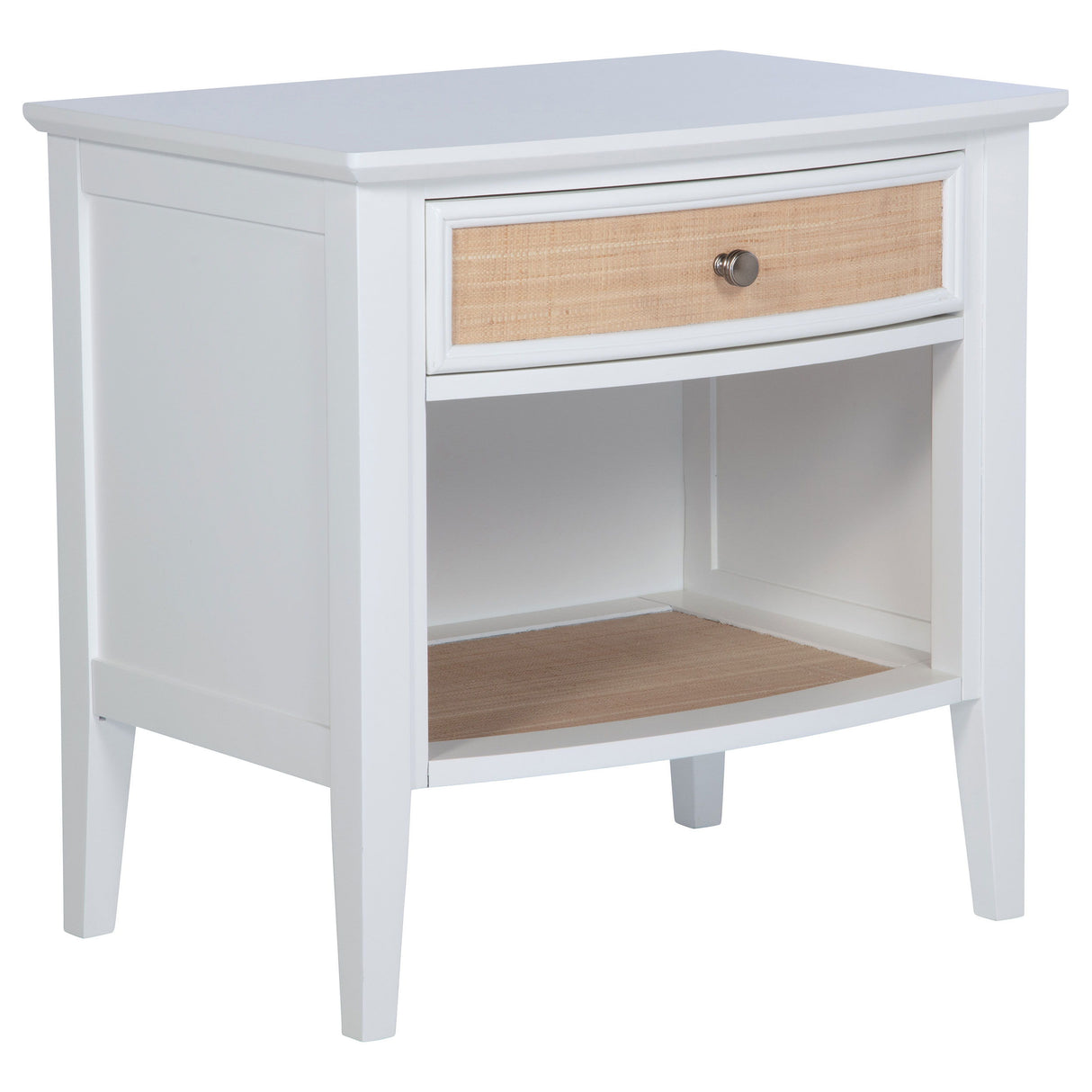 Bexhill 1-Drawer Nightstand Bedside Table – White Finish with Rattan Accents, Felt-Lined Drawer, Modern Coastal Bedroom Storage