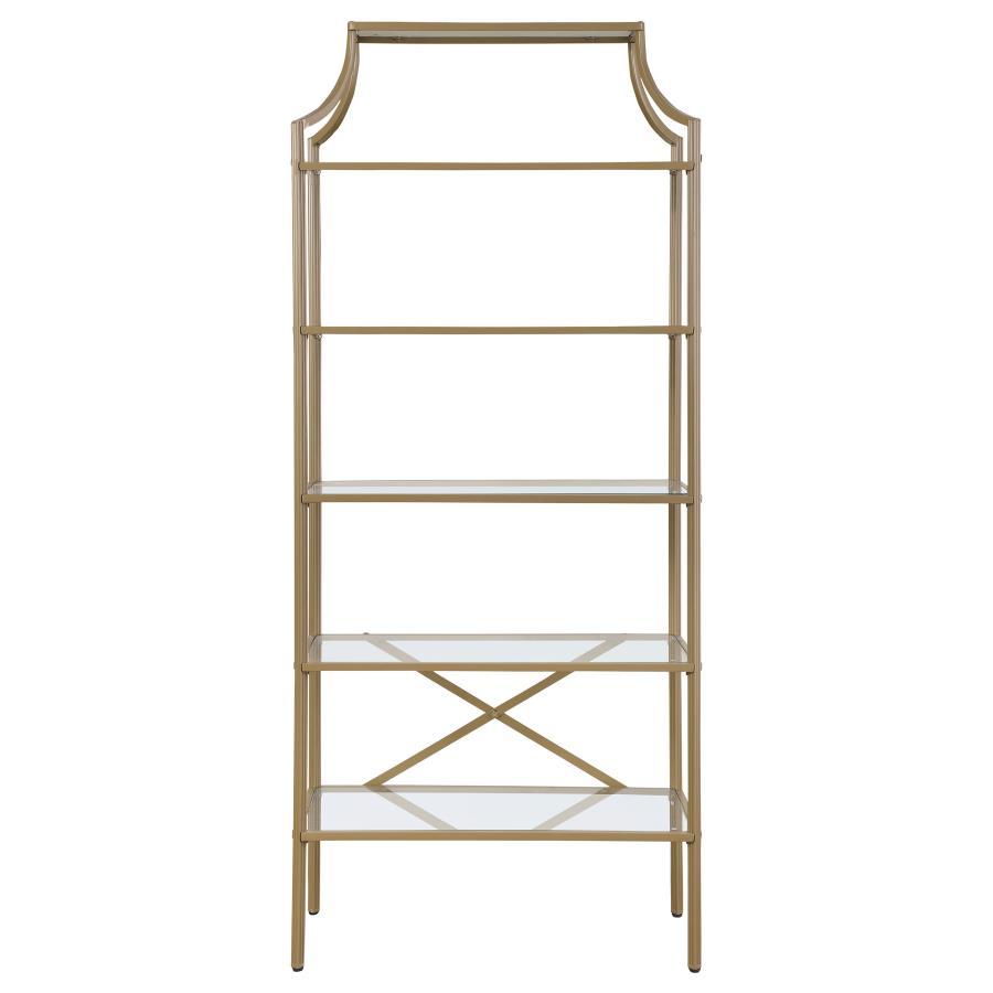 Serena 5-Shelf Glass Bookshelf in Gold – Contemporary Tall Bookcase with Tempered Glass Shelves, Modern Open Display and Storage Unit