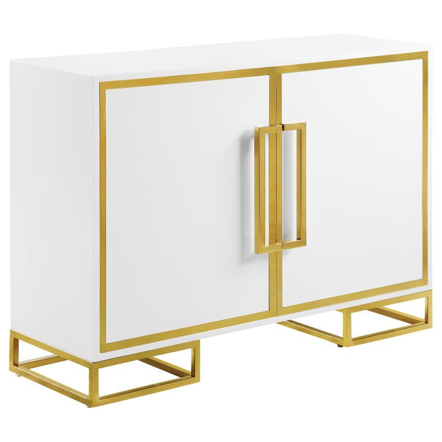 Elsa - 2 Door Wood Storage Accent Cabinet - White and Gold with Glossy Finish, Stainless Steel Trim, Art Deco Geometric Base & Adjustable Shelves