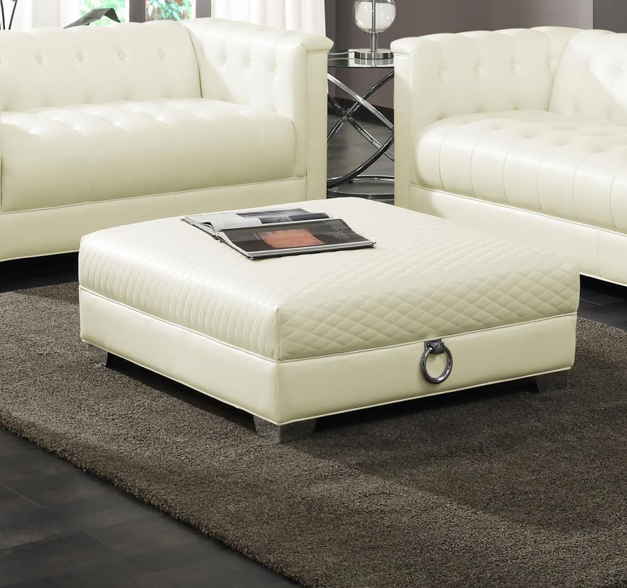 Chaviano Square Upholstered Ottoman in Pearl White – Quilted Leatherette, Chrome Legs & Handles, Low-Profile Accent Ottoman for Living Room