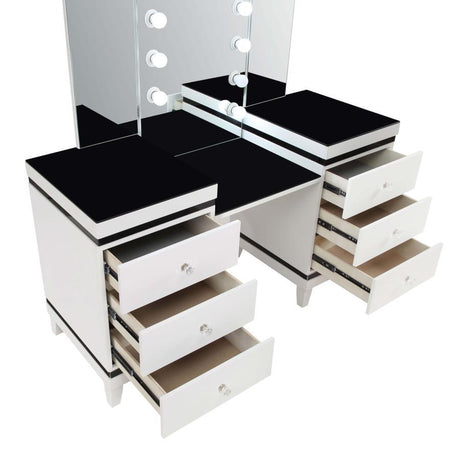 Talei 6-Drawer Vanity Set with Tri-Panel Lighted Mirror, Black & White Modern Glam Makeup Desk with Crystal Knobs and Tapered Legs for Bedroom