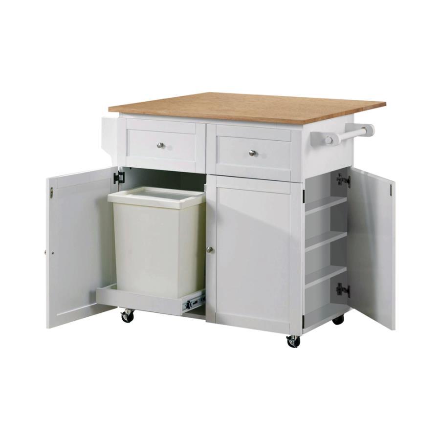 Jalen 3-Door Mobile Kitchen Cart with Butcher Block Top, Towel and Spice Racks, Storage Cabinet, and Casters – Natural Brown and White