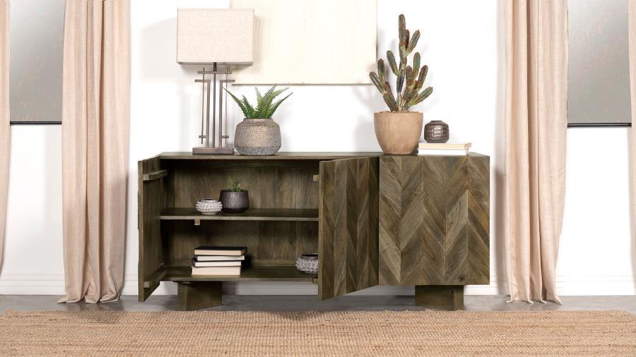Tyler 3-Door Solid Wood Sideboard Buffet Cabinet – Mango Brown Dining Server with Chevron Pattern, Adjustable Shelves, Modern Eco-Friendly Storage
