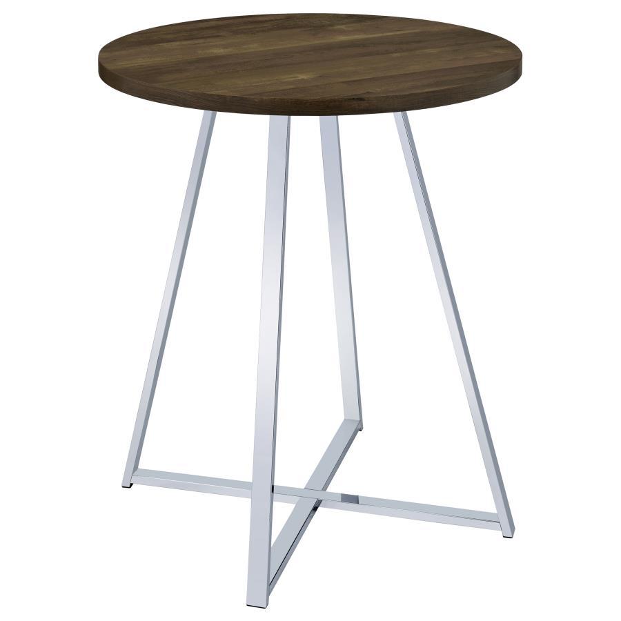 Burkhart Round Pub Height Bistro Bar Table – Brown Oak Top with Chrome X-Base, Modern Rustic Design, Compact Round Table for Home Bars & Entertainment