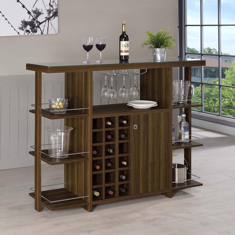 Evelio 6-Shelf Glass Top Home Bar Wine Cabinet in Walnut – Contemporary Wine Storage with Built-In Rack, Glass Holders & Open Display Shelves