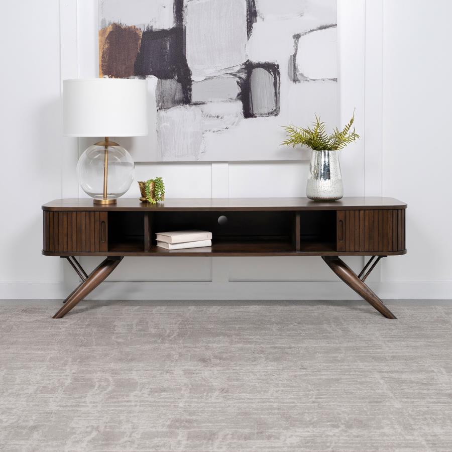 Valna Wood TV Stand With Sliding Doors – Walnut, Mid-Century Modern 71" Entertainment Console for TVs Up to 80 Inches