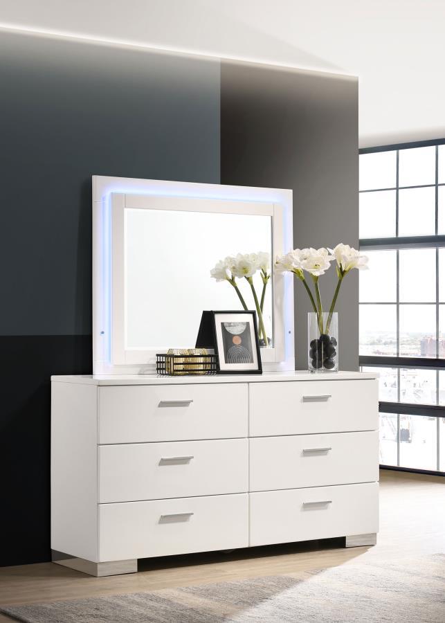 Felicity 6-Drawer Dresser with LED Mirror – White High Gloss Bedroom Set with Chrome Accents, Smooth-Glide Drawers, Integrated LED Lighting & Touch Switch