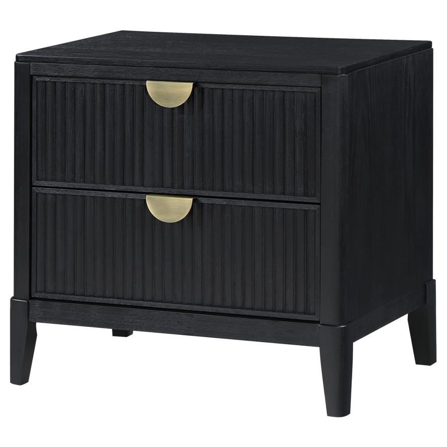 Brookmead 2-Drawer Nightstand – Modern Black Bedroom Accent with Felt-Lined Drawers, Fluted Design, and Elegant Metallic Half-Moon Pulls