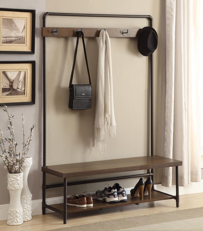 Alise 5-Hook Coat Rack Hall Tree with Shoe Bench – Farmhouse Entryway Organizer with Industrial Pipe Design, Chestnut Finish, and Storage Shelf