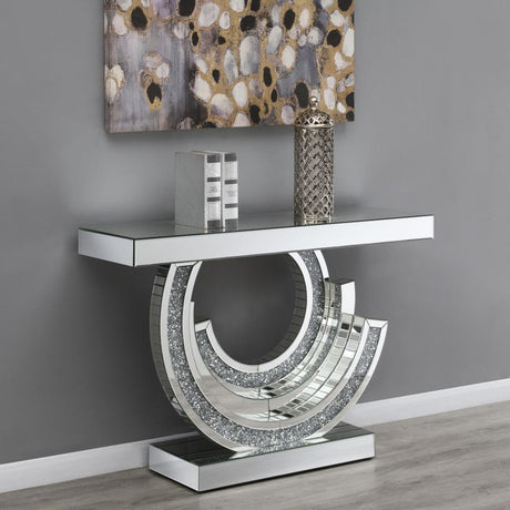 Imogen Sculptural Mirrored Entryway Console Table – Silver Finish, Curved Swirl Base with Grey Faux Gemstones, Glamorous 3D Design, Mirrored Top and Base
