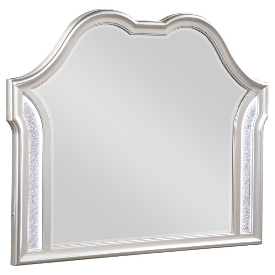 Evangeline Dresser Mirror in Silver Oak – Glam Double-Arched Beveled Mirror with Glittering Panels, Sculpted Frame & Elegant Bedroom Accent
