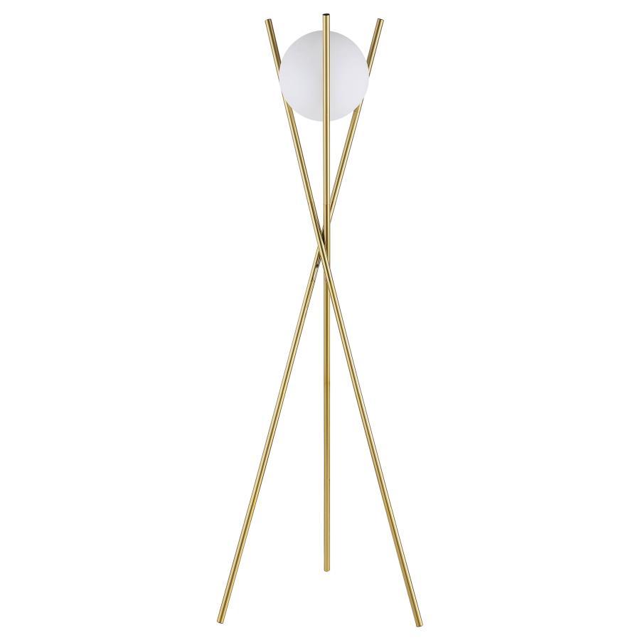 Yamileth Spherical Bulb Metal Tripod Floor Lamp – Gold Finish, Frosted Glass Shade, Geometric Design, Adjustable Lighting, Modern Living Room or Bedroom