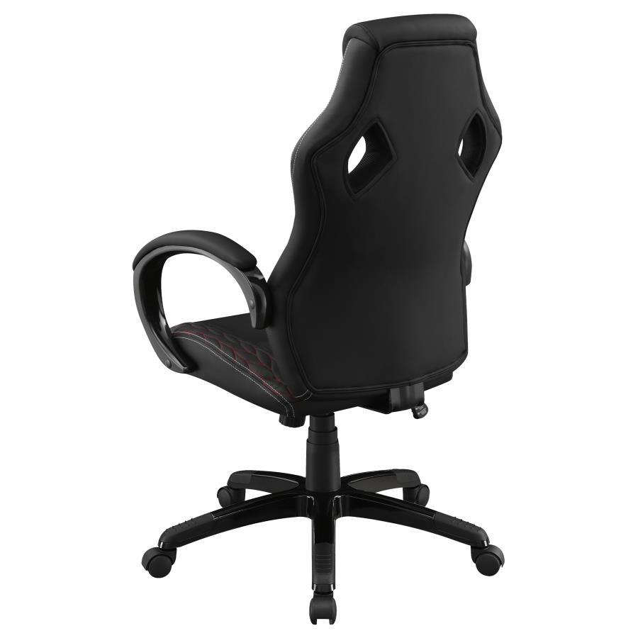 Carlos Upholstered Adjustable Home Office Desk Chair – Black Leatherette with Red Stitching, Rolling Base, Padded Arms and Headrest