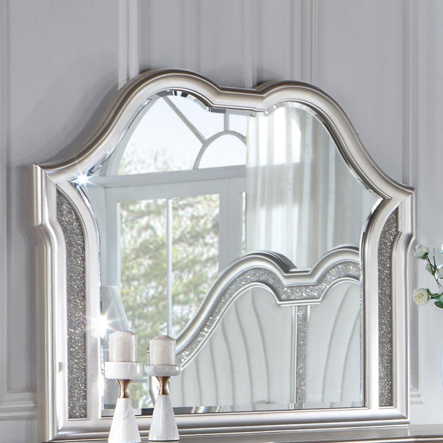 Evangeline Dresser Mirror in Silver Oak – Glam Double-Arched Beveled Mirror with Glittering Panels, Sculpted Frame & Elegant Bedroom Accent