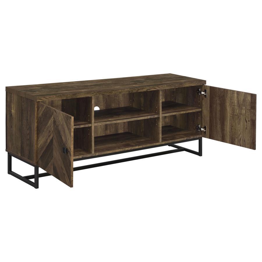 Myles 2-Door Engineered Wood TV Stand – Rustic Oak Finish with Herringbone Doors, Metal Base, Open Shelves & Adjustable Storage for Electronics