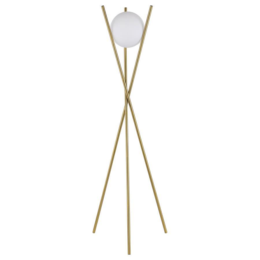 Yamileth Spherical Bulb Metal Tripod Floor Lamp – Gold Finish, Frosted Glass Shade, Geometric Design, Adjustable Lighting, Modern Living Room or Bedroom